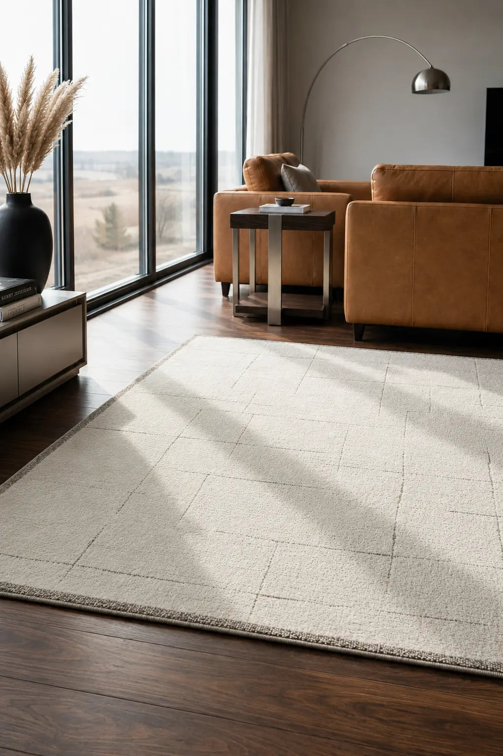 Leo Grid Cream Textured Rug DecoRug