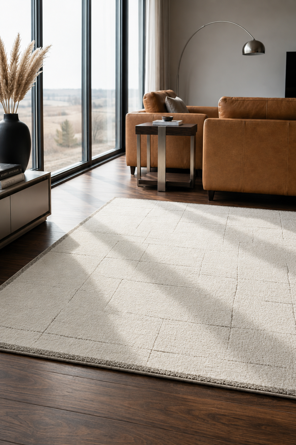 Leo Grid Cream Textured Rug