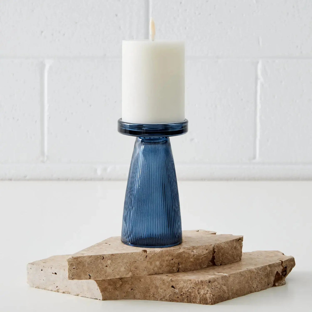 Tall Ribbed Glass Candleholder Blue COAST