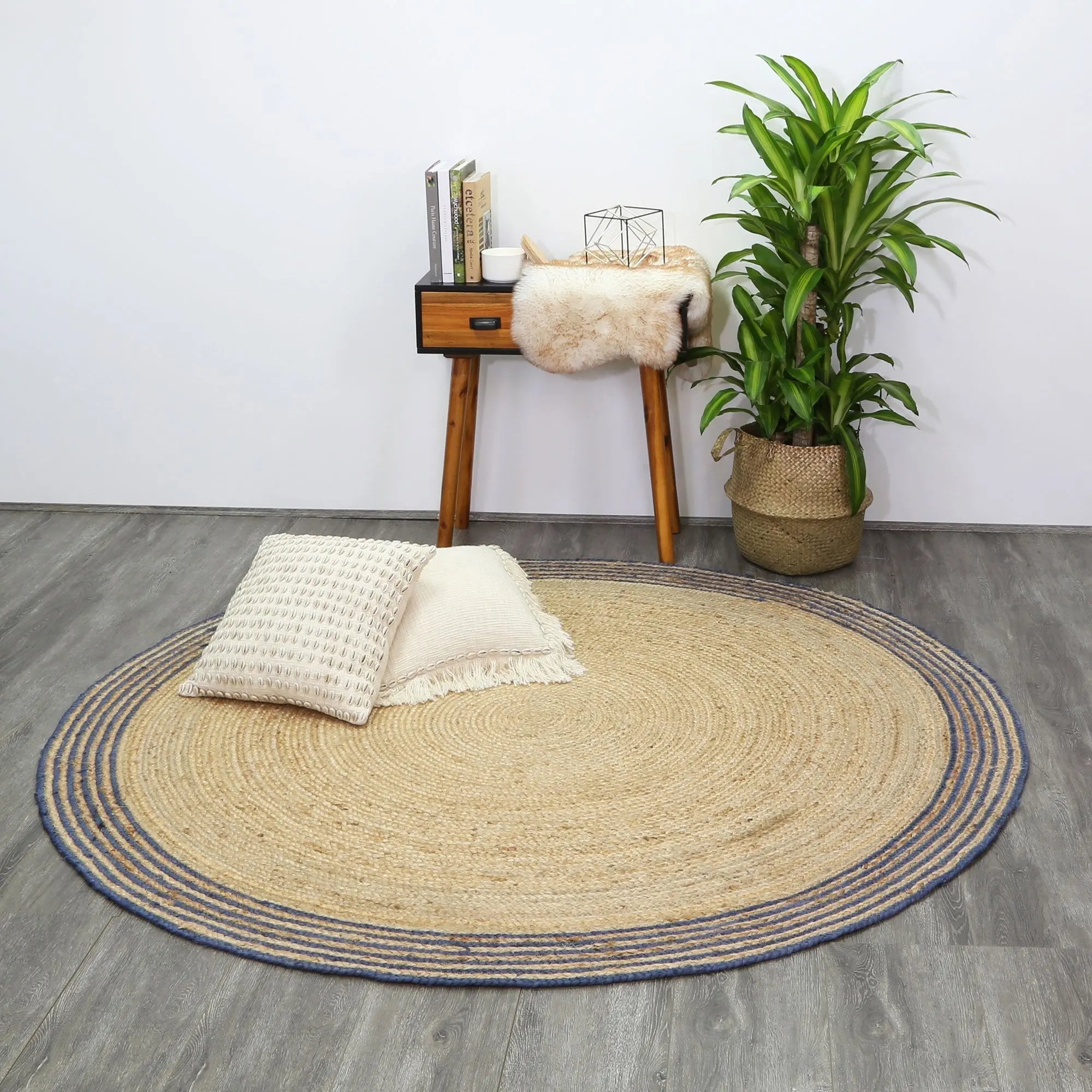 Capri Navy Blue Natural Round Boarder Rug BRAVEN