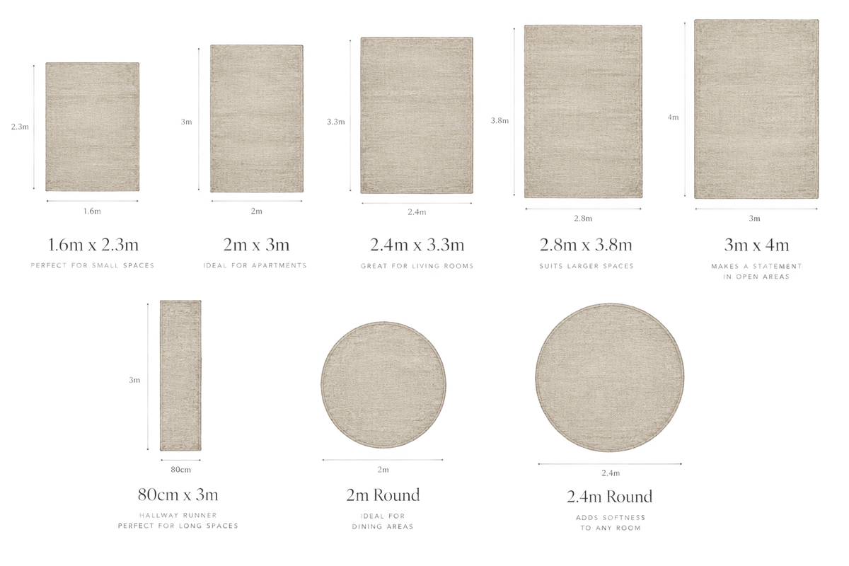 Five rectangular rug sizes, from 160 by 230 cm to 300 by 400 cm.