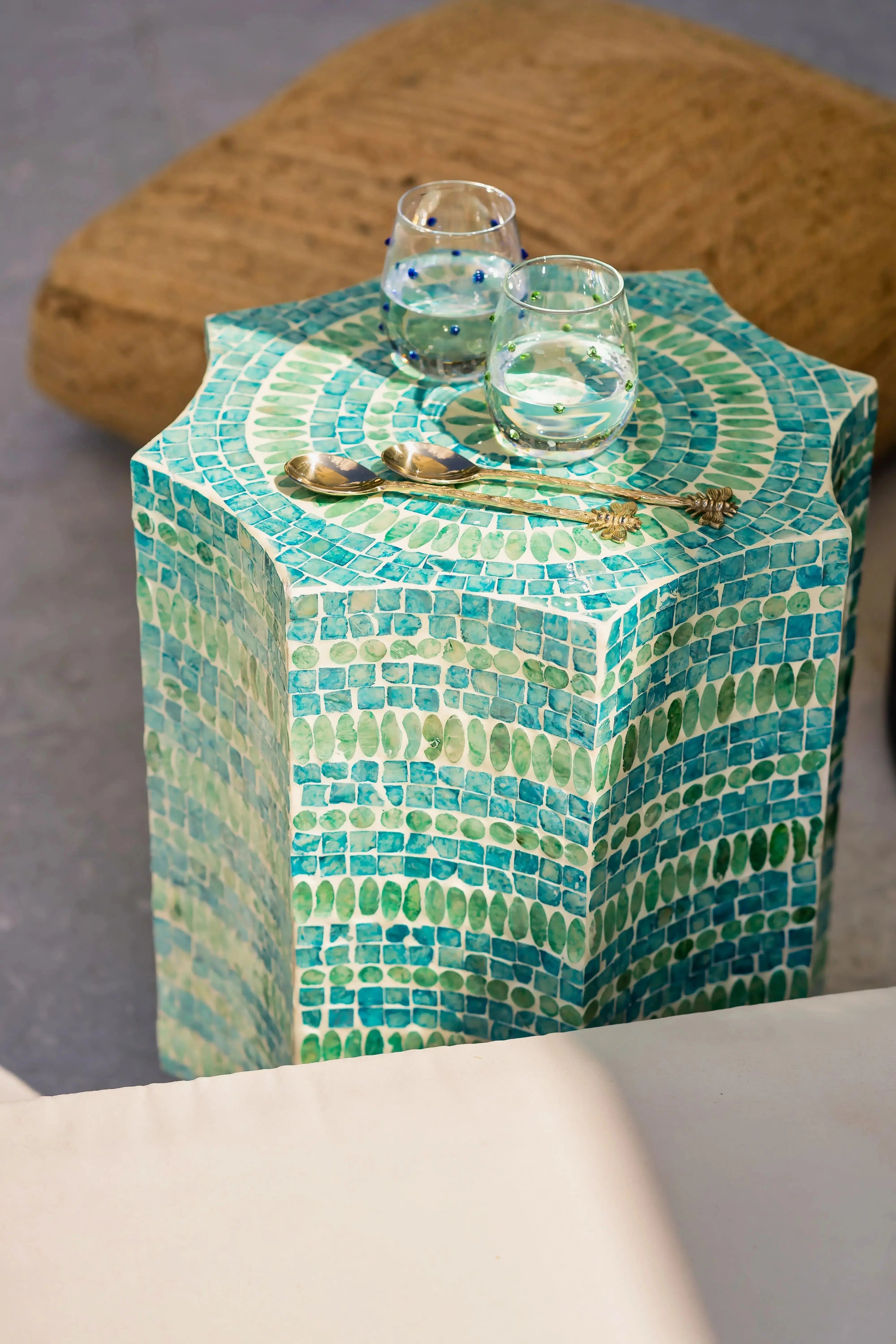 Resin & Capiz Shell Inlay Side Table Blue KAILE