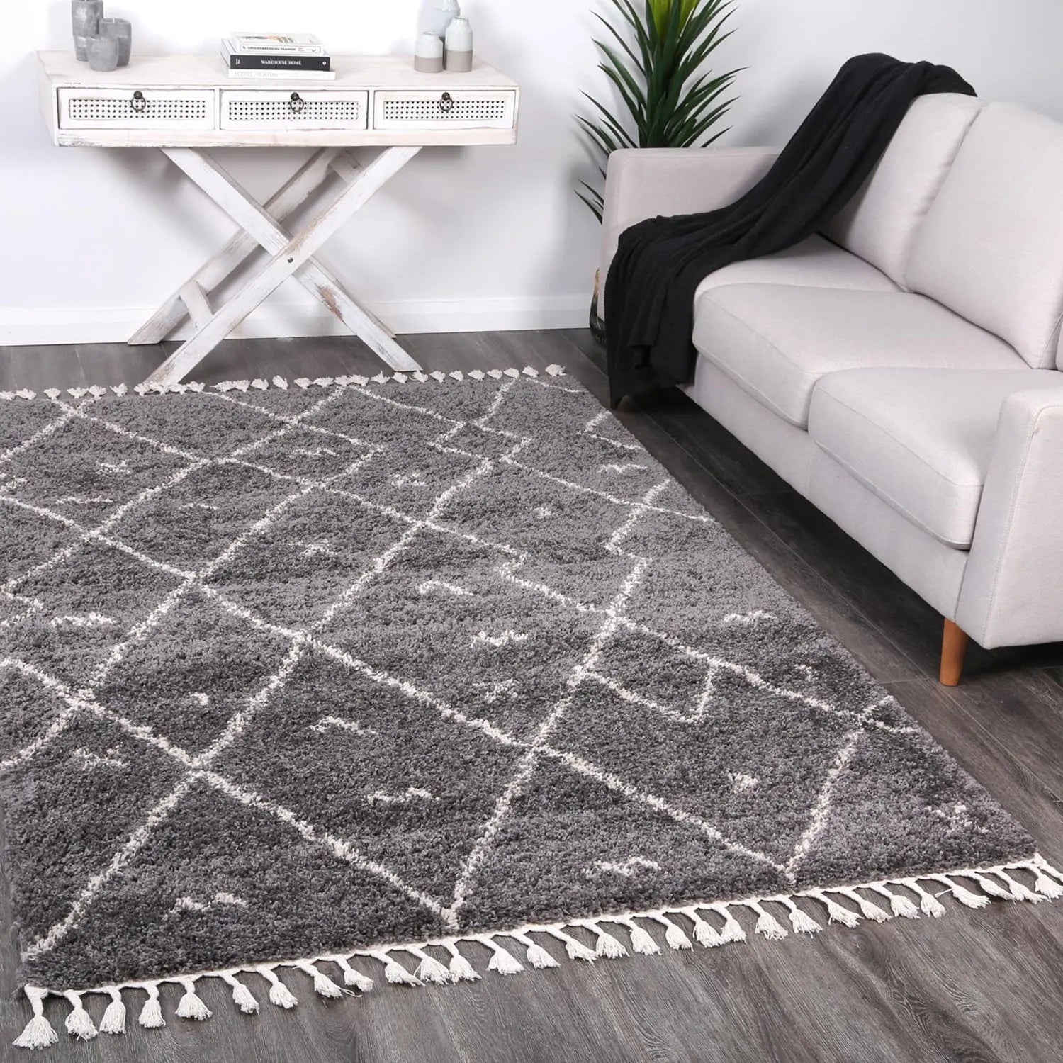 Argana Grey Cream Patterned Shag Rug decorugonline